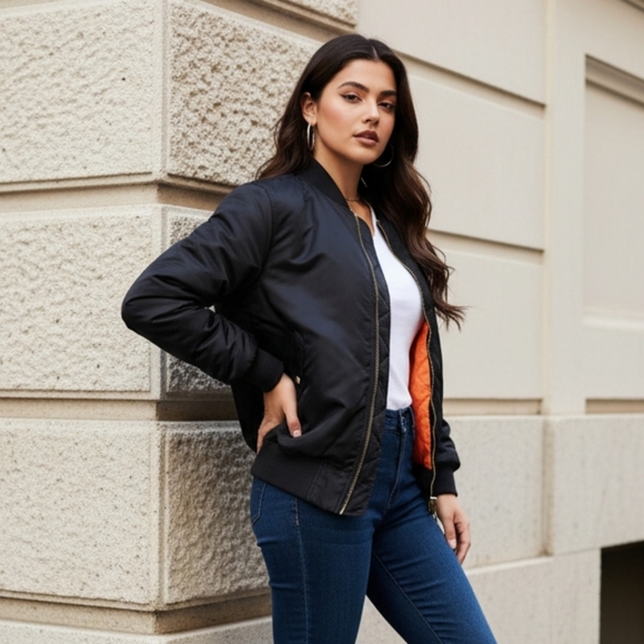 Women's Black Bomber Jacket with Orange Lining - Picture 5 of 14
